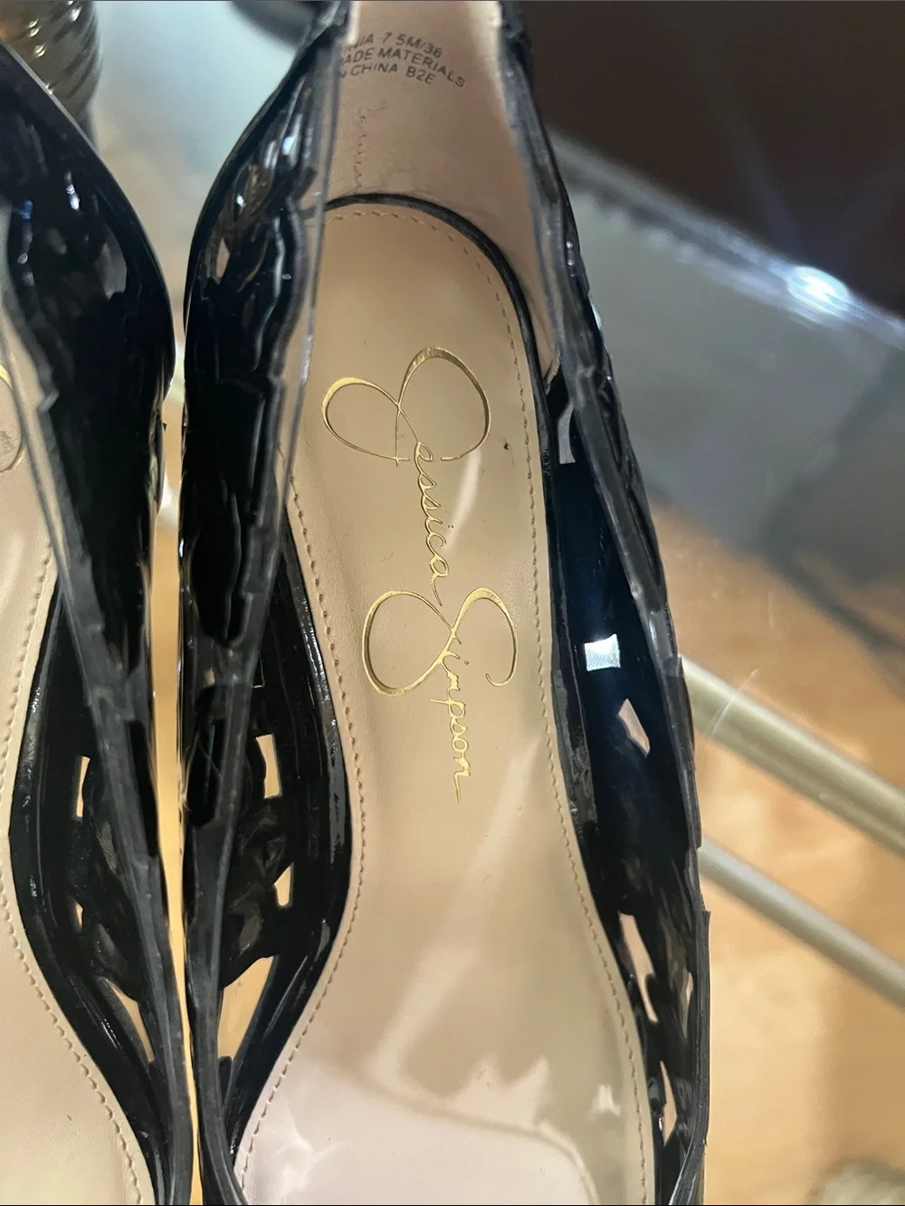 Jessica Simpson Black Patent Pointed Toe Pumps with Floral Embossing